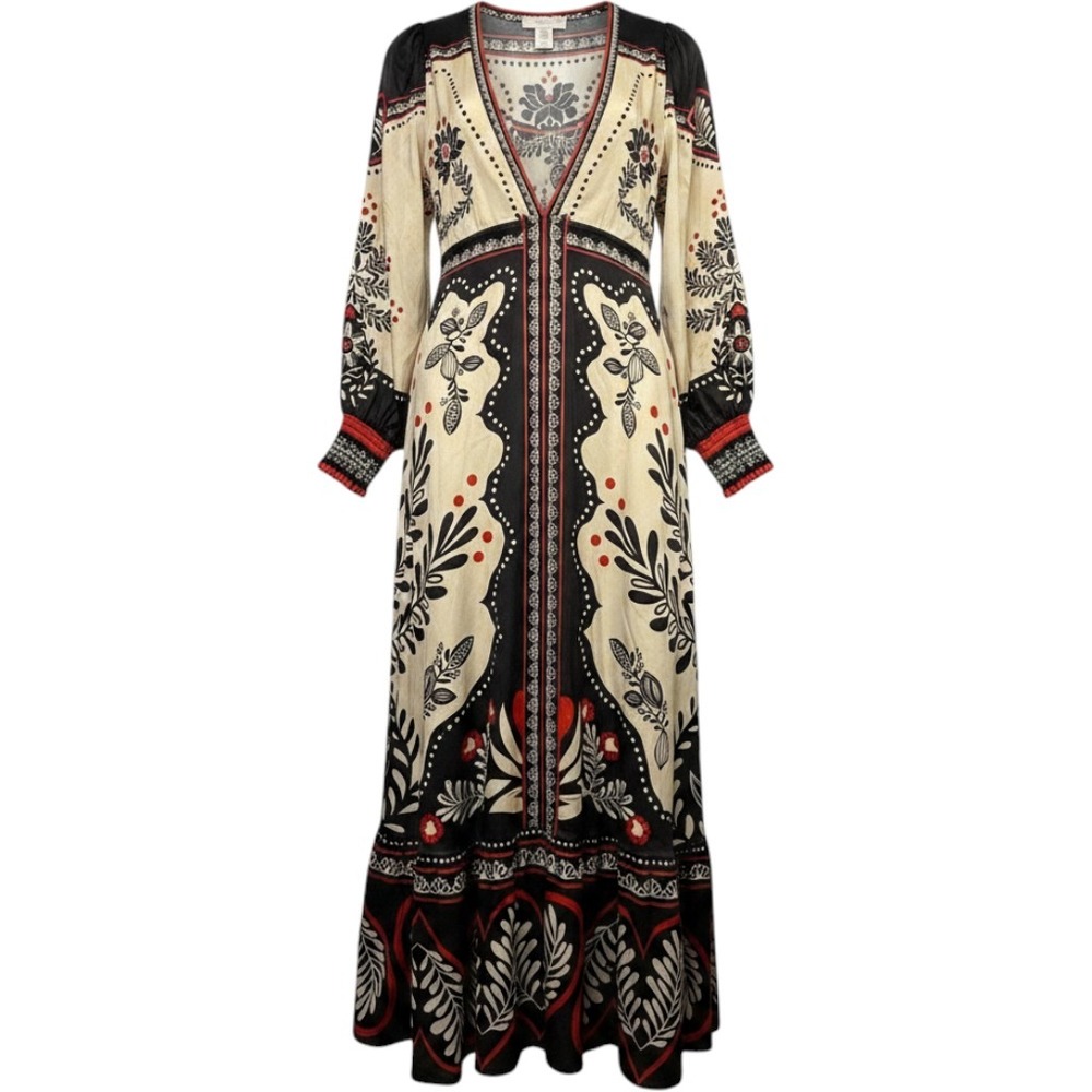Caroline Constas XS Black Red Cream Folk Print Beaded V-Neck Maxi Dress